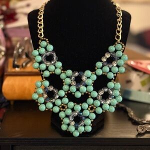 Glass beaded gold tone statement necklace in turquoise & blue colors.